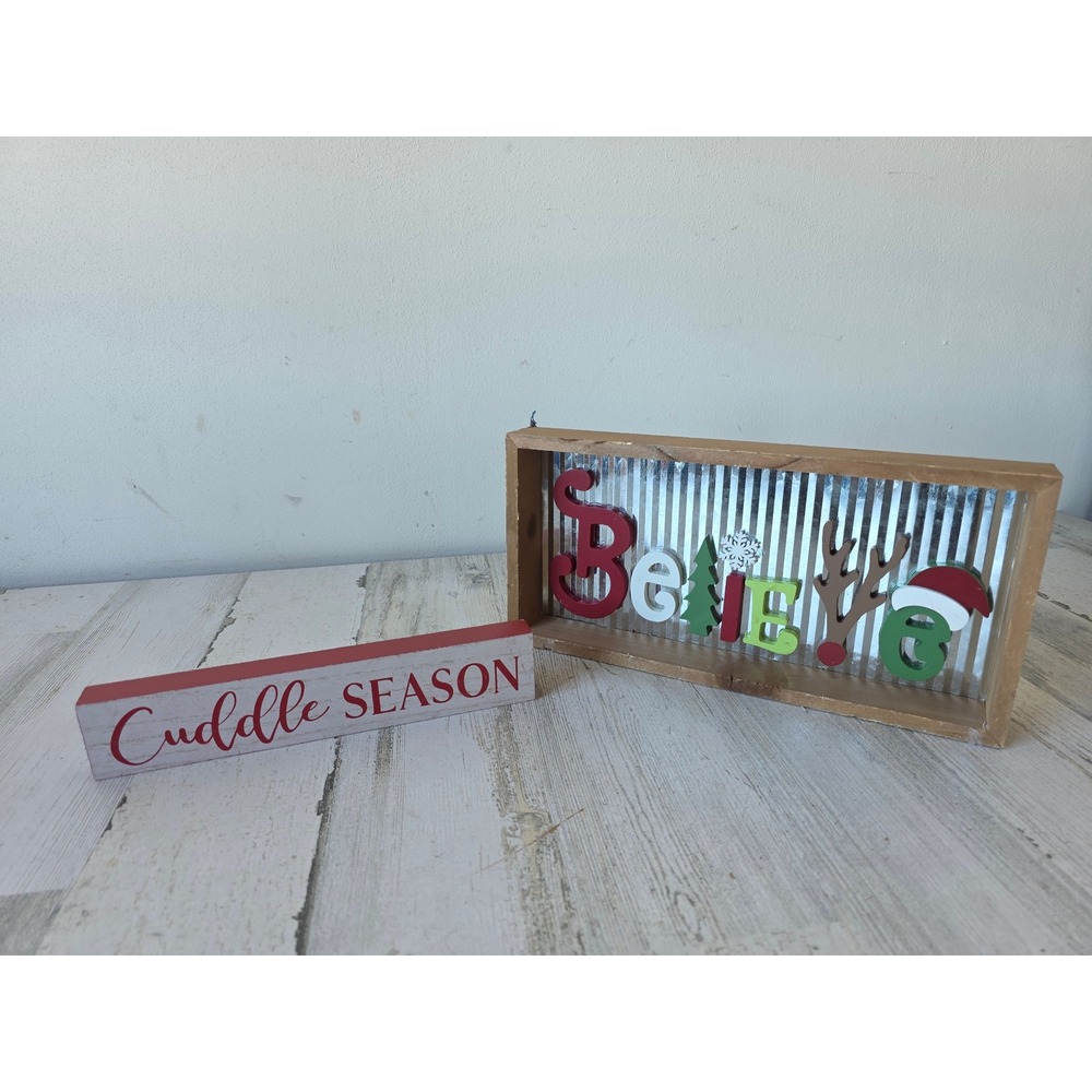 Believe Xmas sign wooden metal decor reindeer Santa‎ set decor home office mini